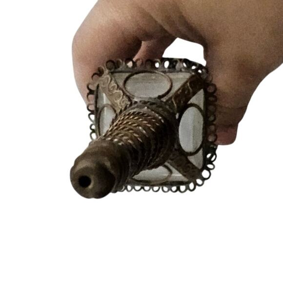 Vintage Moroccan Perfume Bottle Sprinkler Handmade Embossed Metal Work Rectangle - Picture 7 of 11